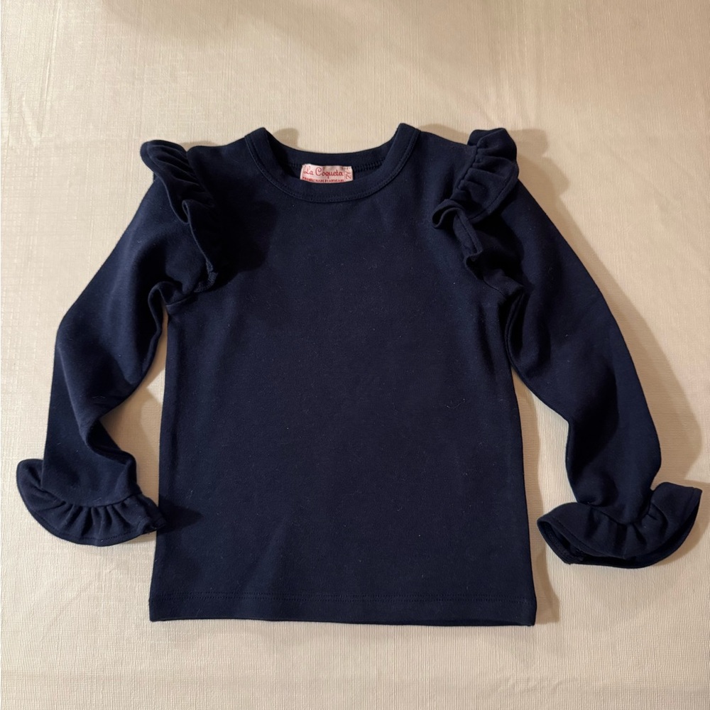 La Coqueta, Navy Blue Ruffle Sleeve Kids Top, 2 year old